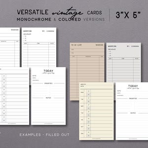 Vielseitiges VINTAGE CARDS * FILLABLE * 3 "x 5" Bundle | 4 Designs | 2 Versionen - Einfarbig und Farbig | Plannerkarten