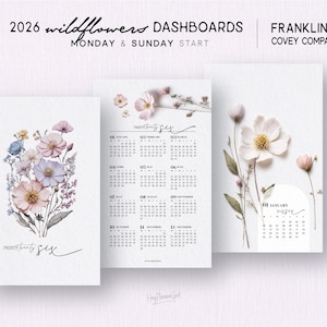 Puede incluir: Tres paneles imprimibles de 2026 con diseños florales. Los paneles incluyen un calendario y una ilustración floral. El texto en los paneles dice "2026 wildflowers dashboards" y "Franklin Covey Compact". Los paneles están en formato PDF.