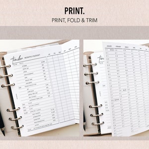 Pu&ograve; includere: Un modello di budget mensile e calendario stampabile per un planner personale. Il tracker di budget include categorie per bollette, trasporti, cibo, fondi discrezionali e risparmi. Il calendario include i mesi da gennaio a giugno.