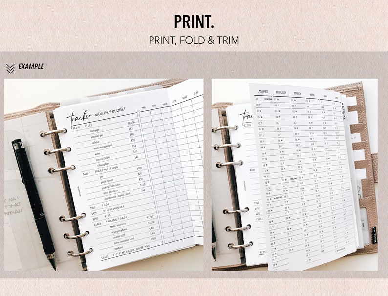 Pu&ograve; includere: Un modello di budget mensile e calendario stampabile per un planner personale. Il tracker di budget include categorie per bollette, trasporti, cibo, fondi discrezionali e risparmi. Il calendario include i mesi da gennaio a giugno.