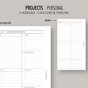 May include: Printable planner page with a grid layout for organizing personal projects. The page is divided into sections for project name, info, to buy, and categories. The example shows "Major Home Projects" with categories "Yard", "Bathrooms", "Storage", and "Crawlspace".