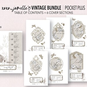 Op de afbeelding: Een digitale printbare vintage bundel voor een zakagenda. De bundel bevat een inhoudsopgave en zes omslagsecties. De omslagen bevatten sierlijke frames met bloemenontwerpen en vlinders. De tekst "xoxo-jomelle's Vintage Bundle | Pocket Plus" staat bovenaan de afbeelding.