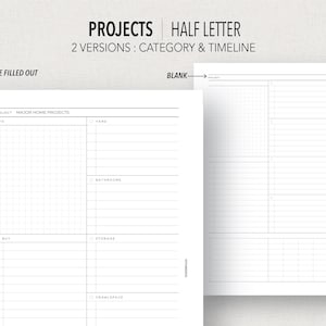 May include: A printable project planner with two versions: category and timeline. The planner is designed for half-letter size paper and includes a blank template and an example filled out with the title "Major Home Projects".