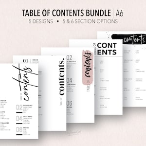 Op de afbeelding: Een set van vijf printbare inhoudsopgaven in A6-formaat. De sjablonen zijn ontworpen voor gebruik met een planner of notitieboek en hebben een zwart-wit kleurenschema met het woord "contents" in vetgedrukte letters. De sjablonen zijn beschikbaar in zowel 5 als 6 sectie-opties.