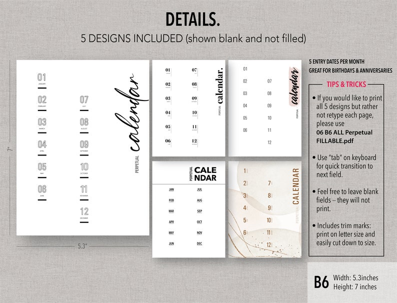 B6 FILLABLE PERPETUAL Calendar Bundle Fillable &amp; Printable - Etsy