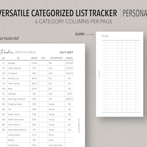 Op de afbeelding: Een afdrukbare, invulbare lijsttracker met een zwart-wit ontwerp. De tracker is verdeeld in zes kolommen: Vervaldatum, Factuur, Bedrag, Betaald, Categorie en Notities. Het voorbeeld toont een lijst met maandelijkse rekeningen met een saldokolom. De tekst "Juli 2021" staat bovenaan de pagina.