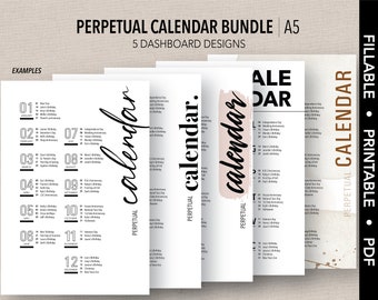 May include: Five printable A5 perpetual calendar designs with different backgrounds and text styles. The calendars are titled "Perpetual Calendar Bundle" and feature the text "calendar" in a variety of fonts and styles.