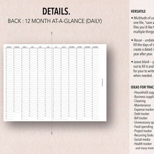 Pu&ograve; includere: Un calendario stampabile in bianco e nero con 12 mesi, giornaliero, a colpo d'occhio. Il calendario &egrave; progettato per tenere traccia di forniture per la casa, forniture aziendali, pulizia, manutenzione, spese, debiti, bollette, spese non necessarie, spese alimentari, progetti, attivit&agrave; ricorrenti, social media e salute.