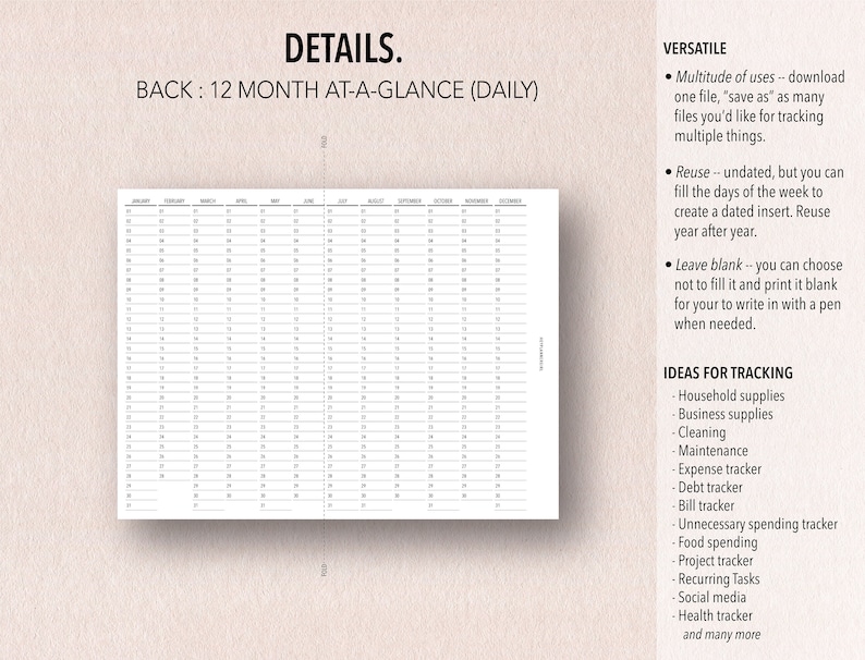 Pu&ograve; includere: Un calendario stampabile in bianco e nero con 12 mesi, giornaliero, a colpo d'occhio. Il calendario &egrave; progettato per tenere traccia di forniture per la casa, forniture aziendali, pulizia, manutenzione, spese, debiti, bollette, spese non necessarie, spese alimentari, progetti, attivit&agrave; ricorrenti, social media e salute.