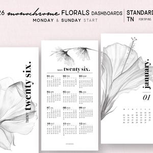 Puede incluir: Paneles florales monocromáticos para 2026, con inicio en lunes y domingo. El diseño incluye un diseño de calendario con ilustraciones florales y el texto "twenty six." El producto es un PDF imprimible.