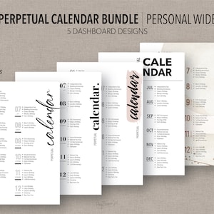 May include: Five printable perpetual calendar designs in a bundle. The calendars are in a personal wide format and feature a simple black and white design with a gold and white background. The text "PERPETUAL CALENDAR" is written in black on a white background.