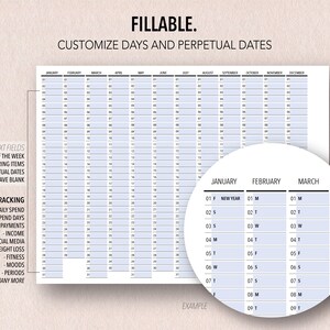 Pu&ograve; includere: Un modello di calendario stampabile con uno schema di colori blu e bianco. Il calendario &egrave; progettato per essere compilato con date ed eventi. Il testo "FILLABLE. CUSTOMIZE DAYS AND PERPETUAL DATES" &egrave; in cima alla pagina. Il testo "BLANK TEXT FIELDS - DAYS OF THE WEEK - RECURRING ITEMS - PERPETUAL DATES - OR LEAVE BLANK" &egrave; sul lato sinistro della pagina. Il testo "OR USE FOR TRACKING - DAILY SPEND - NO SPEND DAYS - BILL PAYMENTS - INCOME - SOCIAL MEDIA - WEIGHT LOSS - FITNESS - MOODS - PERIODS AND MANY MORE" &egrave; anche sul lato sinistro della pagina. Il testo "JANUARY FEBRUARY MARCH" &egrave; in fondo alla pagina. Il testo "EXAMPLE" &egrave; in basso a sinistra della pagina.
