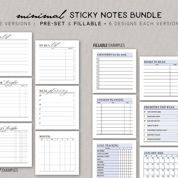 STICKY NOTES *FILLABLE* Minimal Bundle |  2 Versions : Pre-set and Fillable | 6 designs | with printing single design on 1 sheet option
