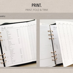 May include: A printable monthly budget tracker and a daily tracker for a personal planner. The pages are designed to be printed, folded, and trimmed to fit a standard size planner.