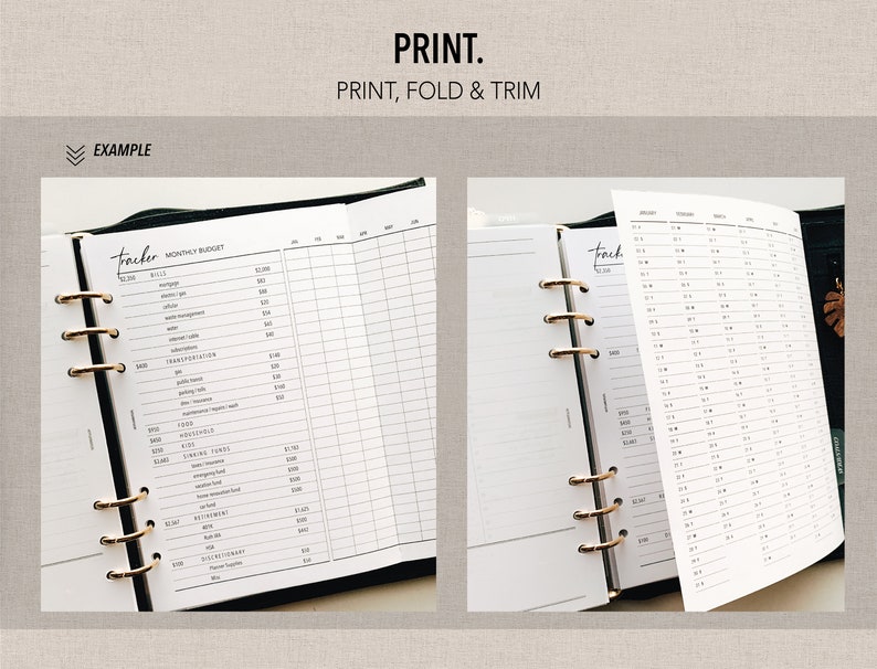 May include: A printable monthly budget tracker and a daily tracker for a personal planner. The pages are designed to be printed, folded, and trimmed to fit a standard size planner.