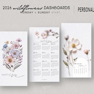 Puede incluir: Paneles de flores silvestres imprimibles de 2026 con diseños florales. Los paneles incluyen un calendario e ilustraciones florales en colores pastel suaves. El texto incluye "2026 wildflowers dashboards" y "Monday & Sunday Start".
