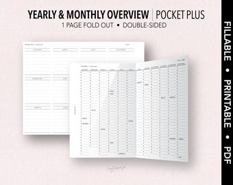 POCKETPLUS *FILLABLE* Yearly / Monthly OVERVIEW Fold Out Insert | Fillable & Printable | Minimal Insert