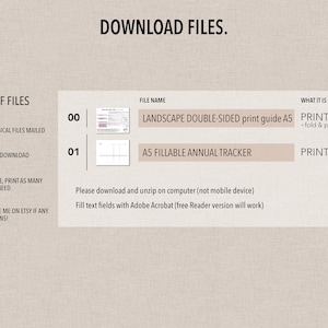 May include: A digital download of two printable PDF files. The first file is a landscape double-sided print guide for A5 paper. The second file is an A5 fillable annual tracker.