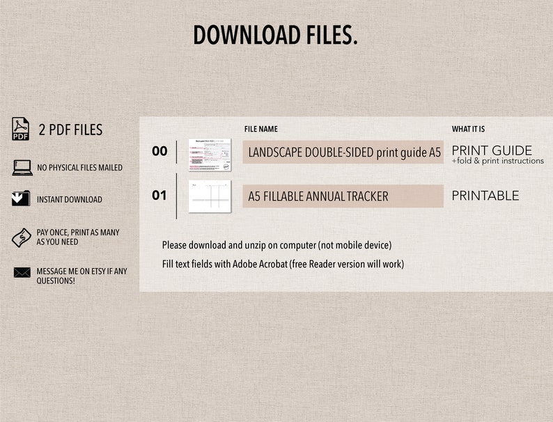 May include: A digital download of two printable PDF files. The first file is a landscape double-sided print guide for A5 paper. The second file is an A5 fillable annual tracker.
