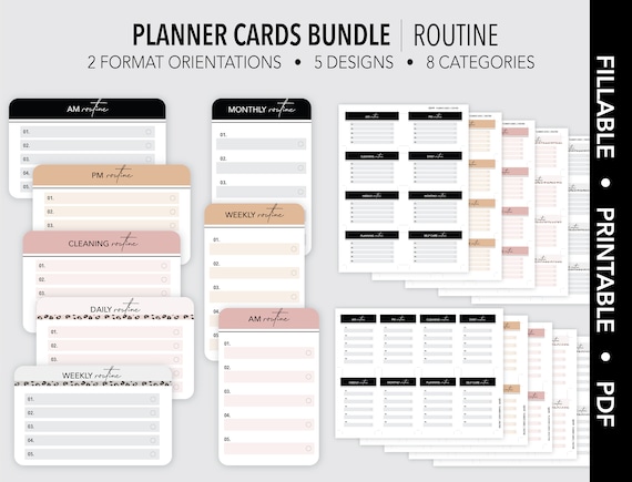 ROUTINE *FILLABLE* Planner Cards Bundle | Routine Cards | Task Cards |  Fillable & Printable | 5 Designs | Fits All Card Slots