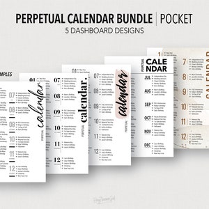 Op de afbeelding: Vijf printbare zakformaat eeuwige kalenderontwerpen. Elke kalender heeft een eenvoudig zwart-wit ontwerp met een lichtroze accent. De kalenders zijn gelabeld met de maanden van het jaar en bieden ruimte om data en gebeurtenissen in te schrijven.