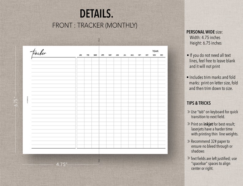 PERSONAL WIDE *FILLABLE* Annual Tracker Fold Out Insert | Fillable ...