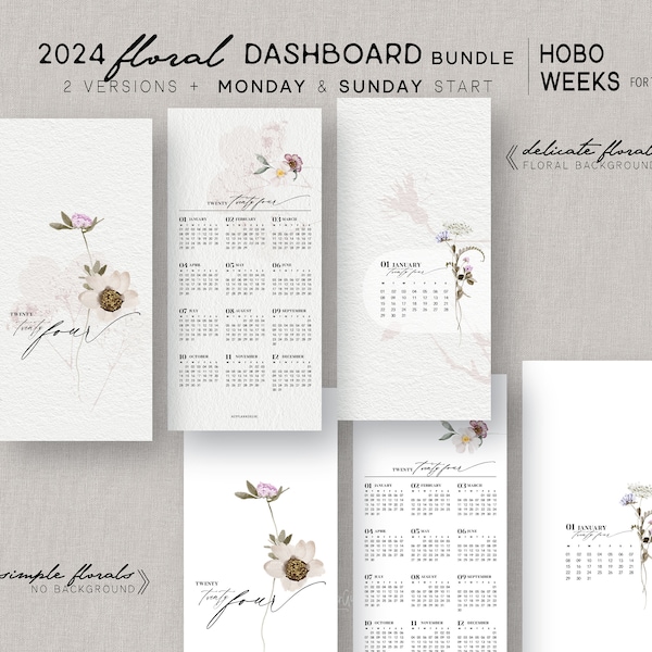 SEMAINES HOBONICHI pour les conseils *FLORAL* 2024 Dashboard Bundle | Imprimable | Calendrier | Dimanche+Lundi Début