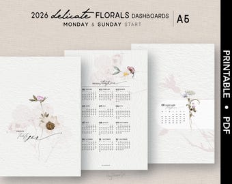A5 2026 *DELIKATA BLOMMOR* Instrumentpanelpaket | Utskrivbar | Kalender | Söndag+Måndag Start
