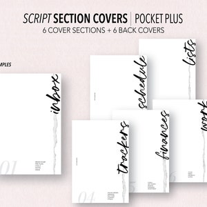 May include: Six printable and fillable PDF pages with torn edges. Each page has a different section title: Inbox, Schedule, Trackers, Finances, Lists, and Today. The pages are designed for use as script section covers.