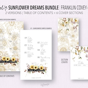 Könnte beinhalten: Ein druckbares Planer-Bundle mit Sonnenblumen-Designs. Das Bundle enthält zwei Versionen eines Inhaltsverzeichnisses und sechs Cover-Abschnitte. Der Text "FILLABLE PRINTABLE PDF" befindet sich auf der rechten Seite des Bildes.