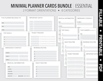ESSENTIAL MINIMAL *FILLABLE*  Planner Cards Bundle | Essential Info | Wallet Cards |  Fillable & Printable |  Fits All Card Slots
