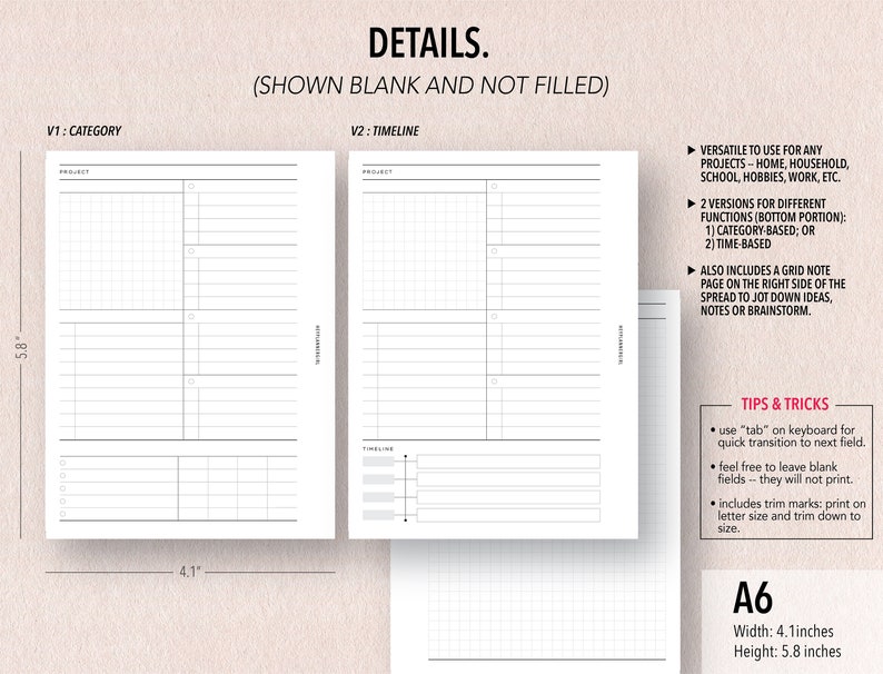 A6 FILLABLE PROJECTS Insert Fillable &amp; Printable 2 - Etsy