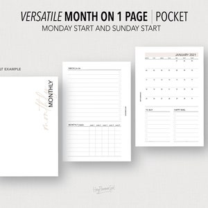 POCKET *FILLABLE* VERSATILE MO1P + Lists Spread | Month on 1 Page | Fillable & Printable | Minimal Insert | Monday Start and Sunday Start