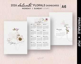 A6 2026 *DELIKATA BLOMMOR* Instrumentpanelpaket | Utskrivbar | Kalender | Söndag+Måndag Start