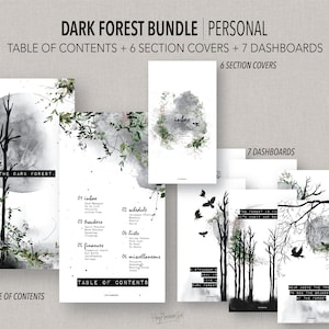 May include: A printable digital planner bundle with a dark forest theme. The bundle includes a table of contents, six section covers, and seven dashboards. The images feature black trees and a full moon against a white background.