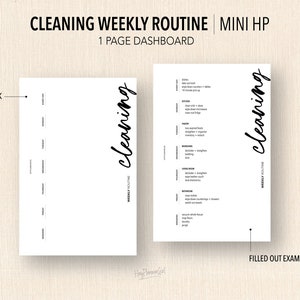 May include: A printable cleaning checklist with a blank weekly routine template and a filled out example. The checklist includes tasks for the kitchen, pantry, bedroom, living room, bathroom, and more.