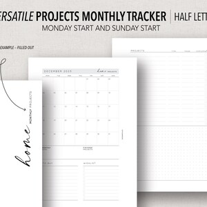 May include: A printable monthly project tracker with a calendar, to-buy list, and wishlist sections. The tracker is designed for a Monday start and Sunday start week. The image shows an example of the tracker filled out for December 2023.
