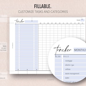 Pu&ograve; includere: Un tracker di budget mensile stampabile con uno sfondo blu chiaro. Il tracker include sezioni per le bollette, i compiti e un calendario. Il testo "FILLABLE. CUSTOMIZE TASKS AND CATEGORIES" &egrave; in cima alla pagina. Il testo "Tracker" &egrave; scritto in corsivo in cima alla pagina e di nuovo nella sezione di esempio. La sezione di esempio mostra un elenco di bollette con un totale di &euro; 2.350. Le bollette includono mutuo, elettricit&agrave;/gas, cellulare, gestione dei rifiuti, acqua e cavo/internet.