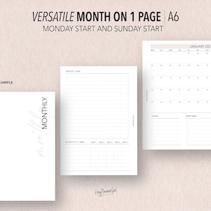 Può includere: Un modello di planner mensile A6 stampabile con un calendario, una lista di cose da fare e una sezione note. Il modello è progettato per settimane che iniziano sia il lunedì che la domenica.