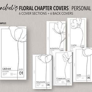 Puede incluir: Seis cubiertas de capítulo florales imprimibles en blanco y negro para una agenda personal. Las cubiertas presentan dibujos lineales simples de flores y las palabras "inbox", "schedule", "lists", "trackers", "finances" y "work".