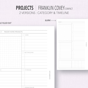 Puede incluir: Una página de planificador imprimible con un diseño de cuadrícula para organizar proyectos. La página está dividida en dos secciones: "Proyecto" y "Cronología". La sección "Proyecto" tiene una lista de categorías para proyectos de hogar, que incluyen "Patio", "Baños", "Almacenamiento" y "Sótano". La sección "Cronología" tiene una cuadrícula para realizar un seguimiento del progreso del proyecto.