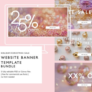 Puede incluir: Un conjunto de cinco plantillas de banner de sitio web para ventas navideñas o de vacaciones. Los banners presentan un esquema de color rosa y dorado con adornos brillantes y el texto "OMG! The Holidays Are Here!" y "XX% Off Sitewide Code CODEXX".