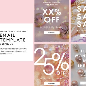 Holiday Christmas Sale Email Marketing Template Bundle, Blush Pink Email Newsletter, Fully Editable PSD or Canva Template, Instant Download image 1