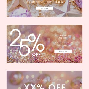 May include: A series of four holiday sale banners with a pink and gold color scheme. The banners feature a variety of ornaments and the text "Beautiful. Thoughtful. Gifting."  "Sale Sale Sale"  "25% Off" and "XX% Off".