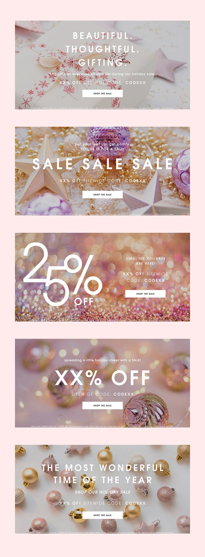 May include: A series of four holiday sale banners with a pink and gold color scheme. The banners feature a variety of ornaments and the text "Beautiful. Thoughtful. Gifting."  "Sale Sale Sale"  "25% Off" and "XX% Off".