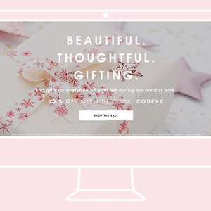 May include: A computer screen displaying a holiday sale advertisement with a white gift box wrapped with a red ribbon and a pink star. The text reads "BEAUTIFUL. THOUGHTFUL. GIFTING. find gifts for everyone on your list during our holiday sale. XX% OFF SITEWIDE CODE: CODEXX SHOP THE SALE"