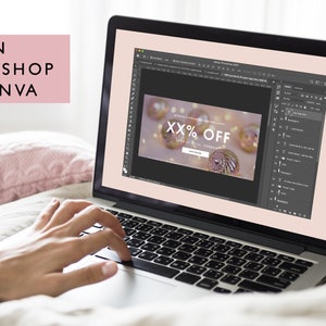 May include: A laptop computer displaying a mockup of a website pop-up ad with the text "XX% OFF" in a pink and gold color scheme. The ad is being edited in Adobe Photoshop.
