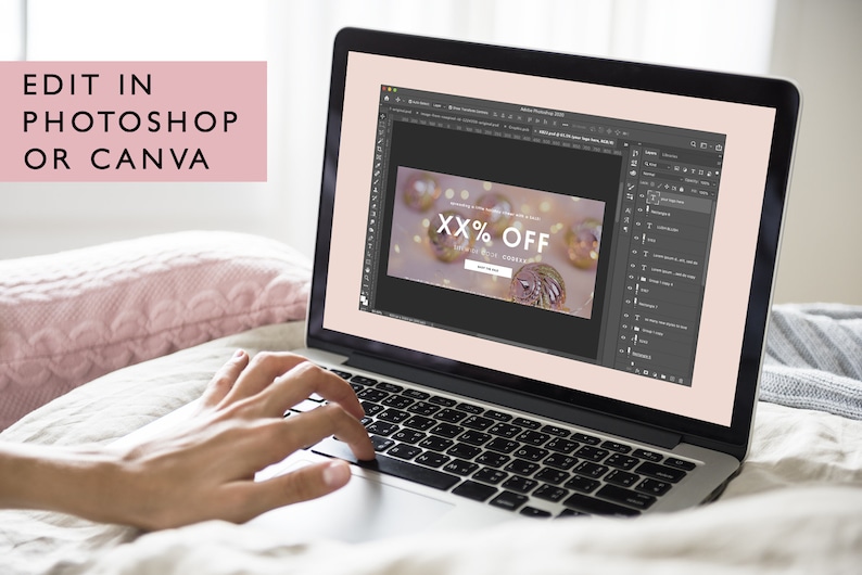 May include: A laptop computer displaying a mockup of a website pop-up ad with the text "XX% OFF" in a pink and gold color scheme. The ad is being edited in Adobe Photoshop.