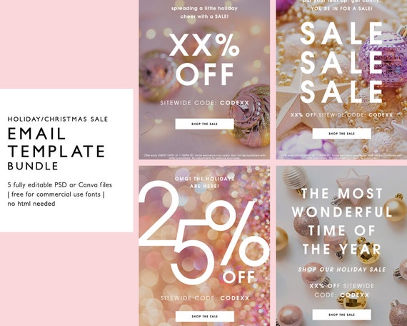 Holiday Christmas Sale Email Marketing Template Bundle, Blush Pink Email Newsletter, Fully Editable PSD or Canva Template, Instant Download