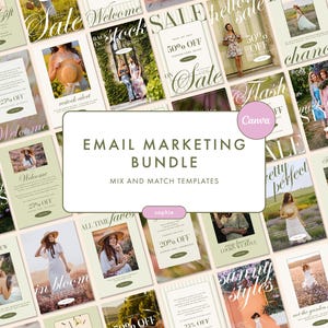 Puede incluir: Una colección de plantillas de marketing por correo electrónico con una paleta de colores pastel suaves. Las plantillas presentan imágenes de mujeres en varios entornos, con superposiciones de texto como "Sale", "Welcome" y "Flash Sale". El texto central dice "Email Marketing Bundle".